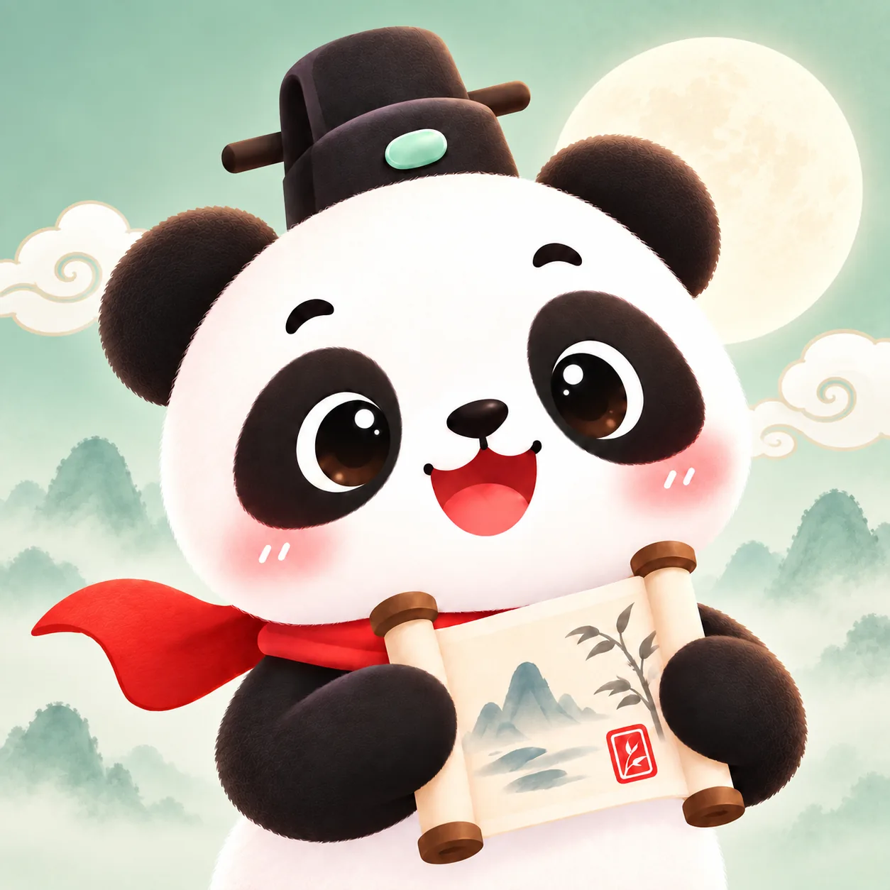 熊猫诗童手持山水画卷